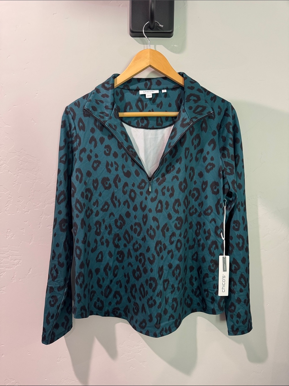 Chico's Teal and Black Leopard Half-Zip Pullover